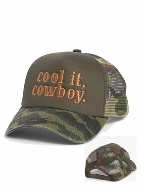 Cool It Cowboy Camo Trucker Hat - Olive with Brown Embroidery